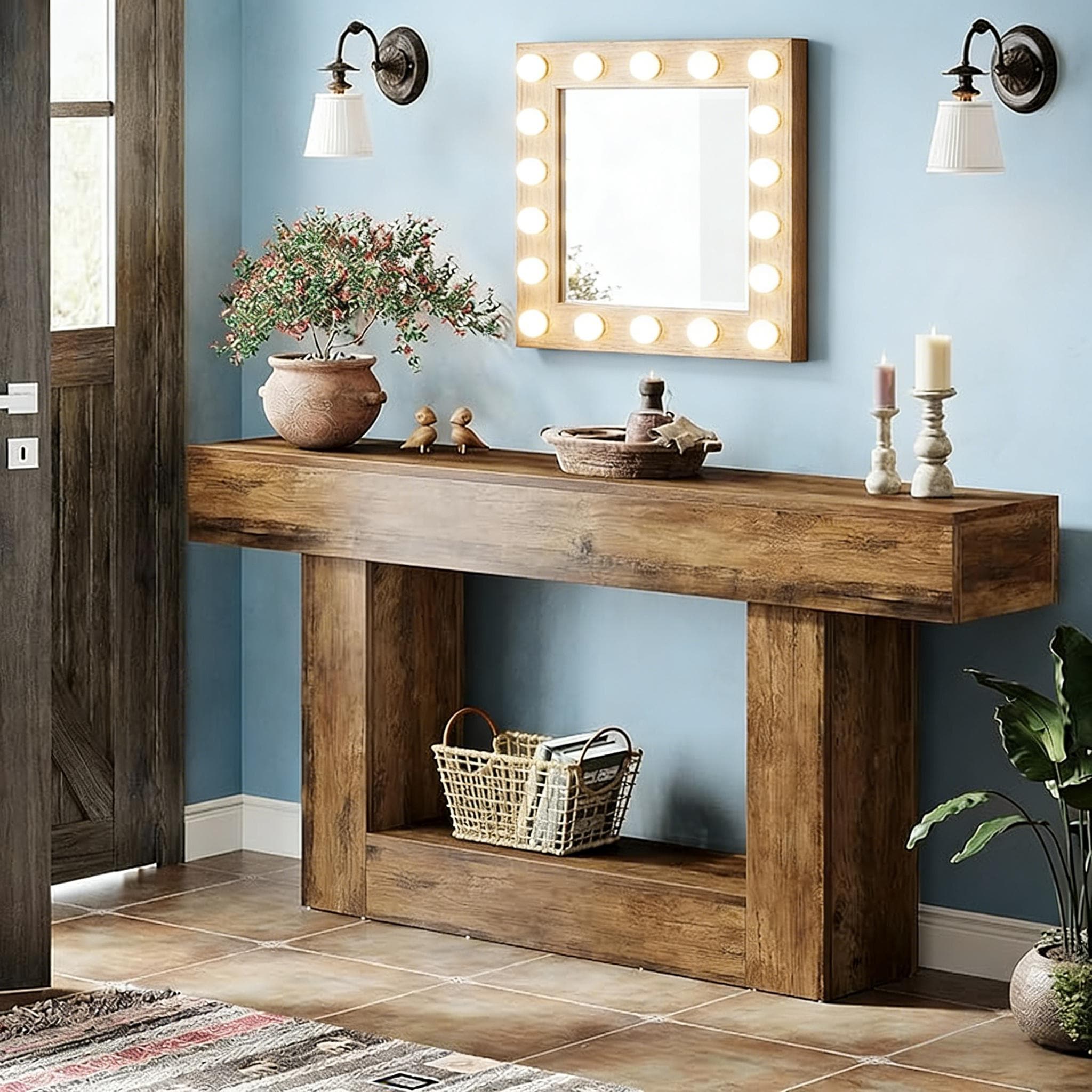Wooden Console Table, Farmhouse 2-Tier Sofa Table Entryway Table_voghion.com